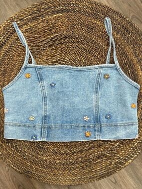 Ban•Jara Denim Floral Embroidered Crop Tank Top Small Boho Festival